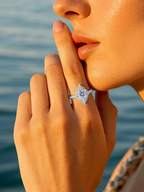 Customer wearing BuzzBloom Snow Queen Diamond Ring under sunlight, luxury jewelry style
