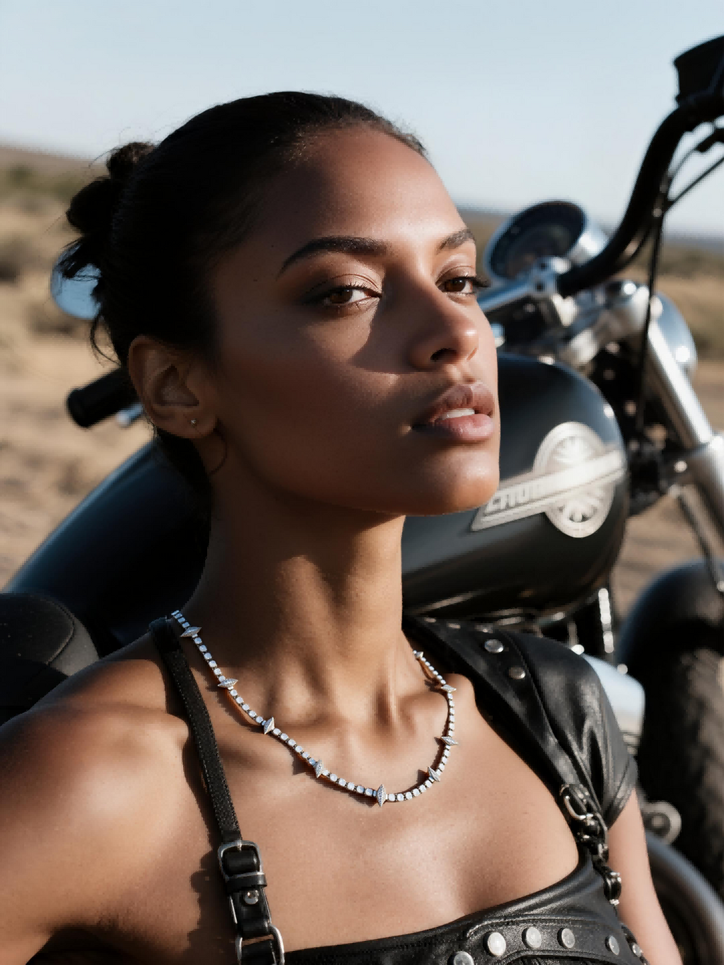 Customer wearing BuzzBloom diamond tennis chain panther inspired necklace on motorcycle desert scene, stylish women’s jewelry