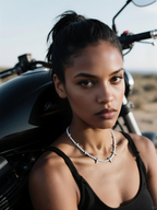 Customer wearing BuzzBloom diamond tennis chain statement necklace close-up biker look, bold women’s jewelry