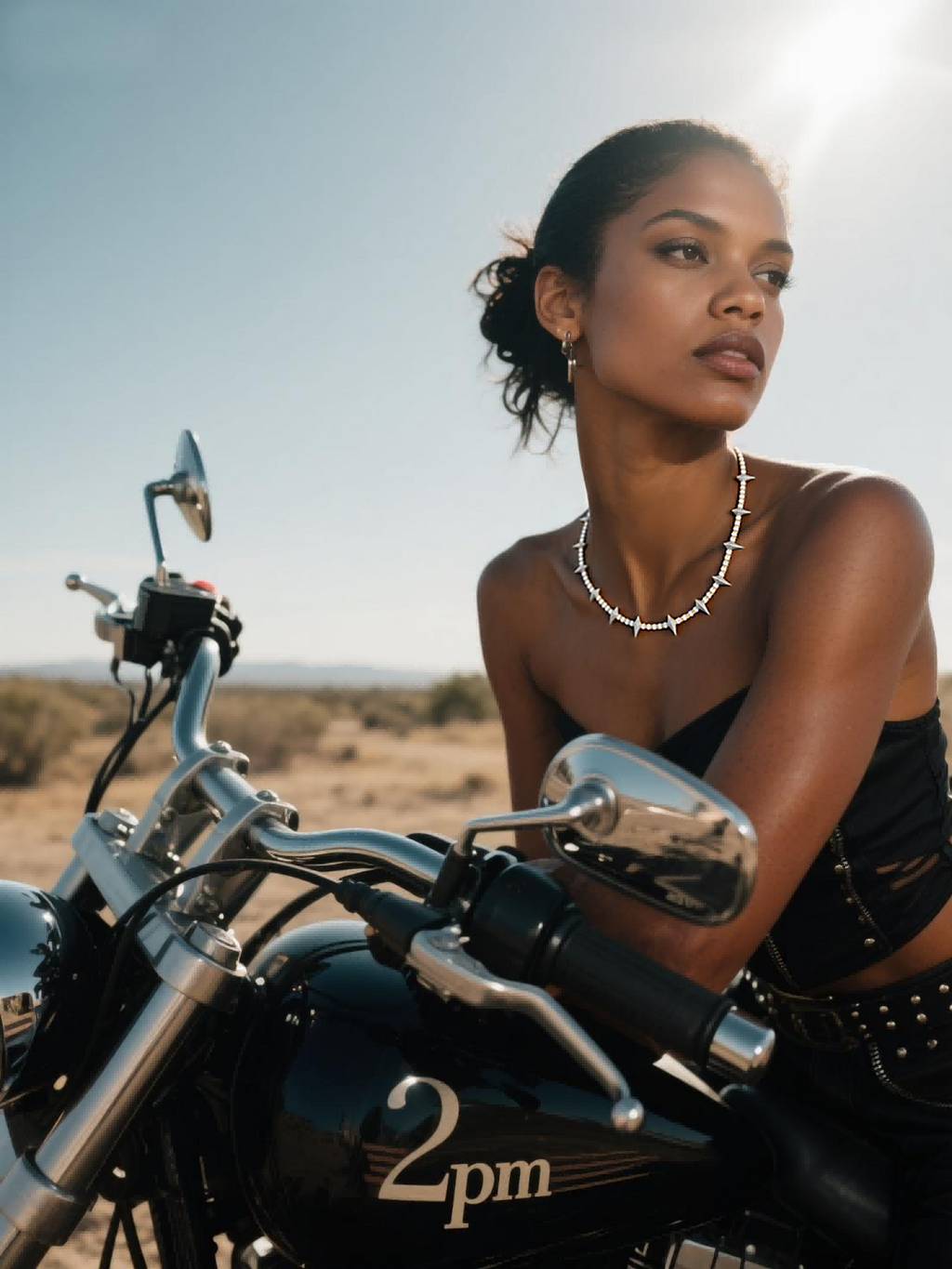 Customer wearing BuzzBloom luxury diamond tennis chain necklace outdoors with motorcycle, fashionable women’s jewelry