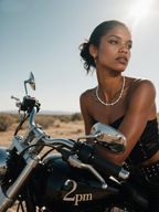 Customer wearing BuzzBloom luxury diamond tennis chain necklace outdoors with motorcycle, fashionable women’s jewelry