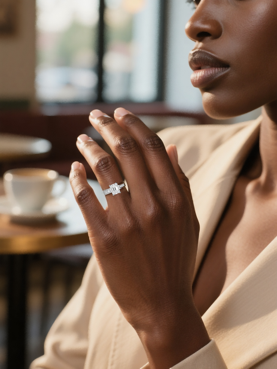 Customer wearing BuzzBloom vintage emerald cut engagement ring in outdoor street style, statement diamond jewelry for women