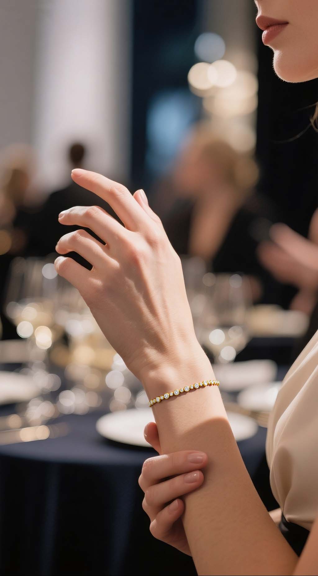 BuzzBloom gold diamond bracelet worn by customer at elegant dinner scene, women’s fine jewelry