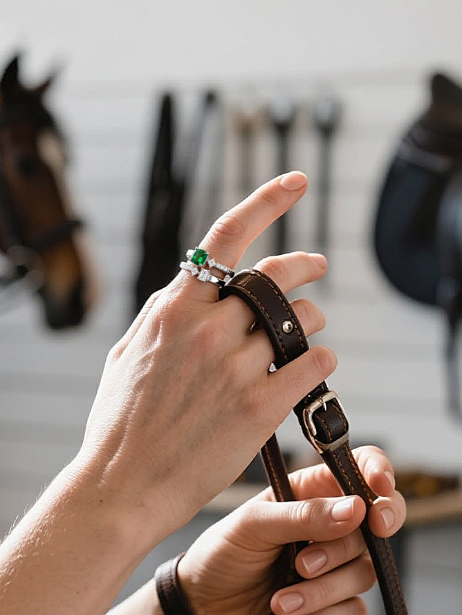 Customer wearing BuzzBloom emerald green gemstone double band designer ring with geometric diamond accents in indoor equestrian setting, modern fashion jewelry