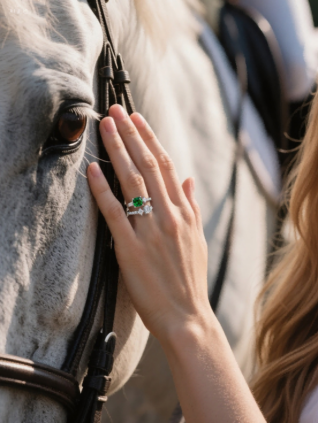 Customer wearing BuzzBloom green cushion cut double band ring with emerald gemstone and geometric diamond accents while touching horse face, luxury women’s statement jewelry