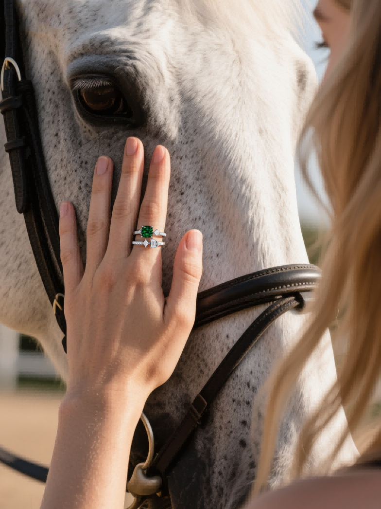 Customer wearing BuzzBloom cushion cut green stone double band ring with diamond accents while caressing horse, luxury women’s fashion jewelry