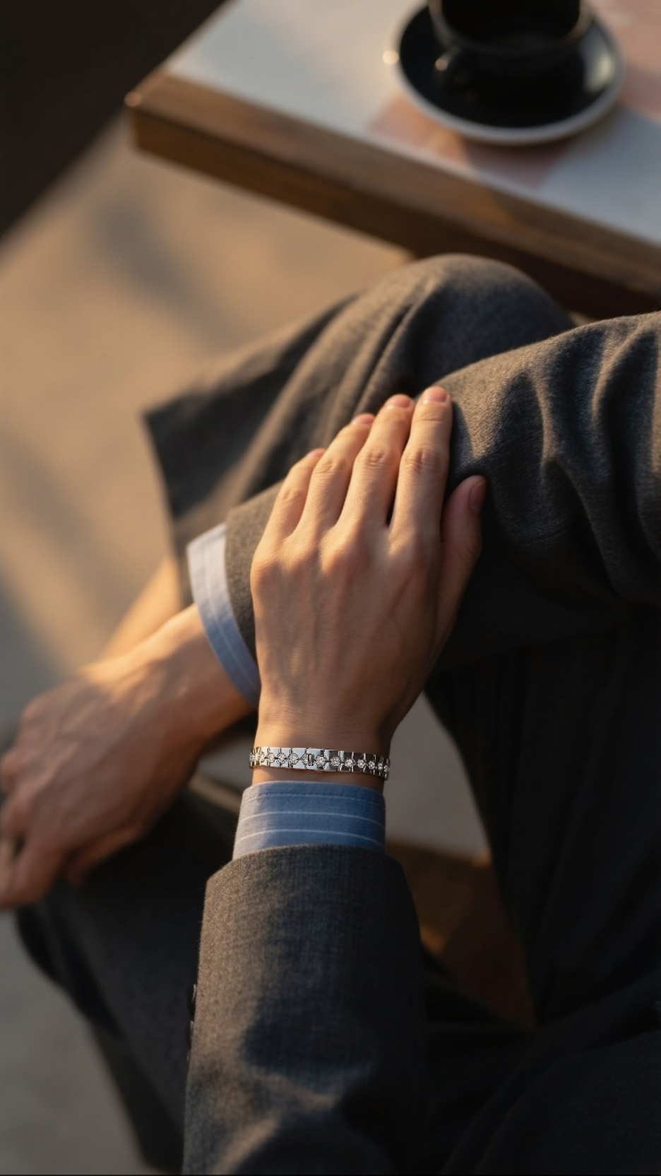 BuzzBloom customer showcasing geometric silver bracelet at elegant dinner setting – modern moissanite jewelry for men