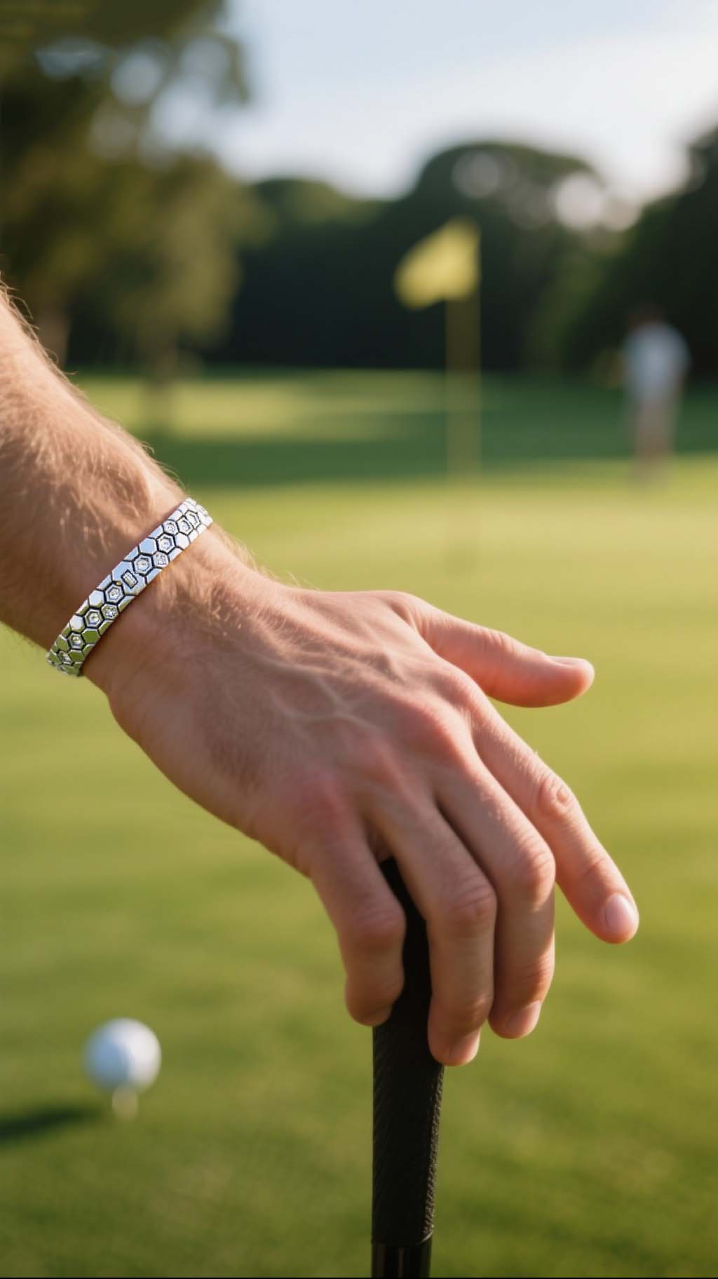 BuzzBloom customer wearing moissanite honeycomb bracelet on golf course – designer hexagon bracelet for men’s lifestyle