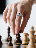 Customer wearing BuzzBloom moissanite link ring in close-up hand shot for women