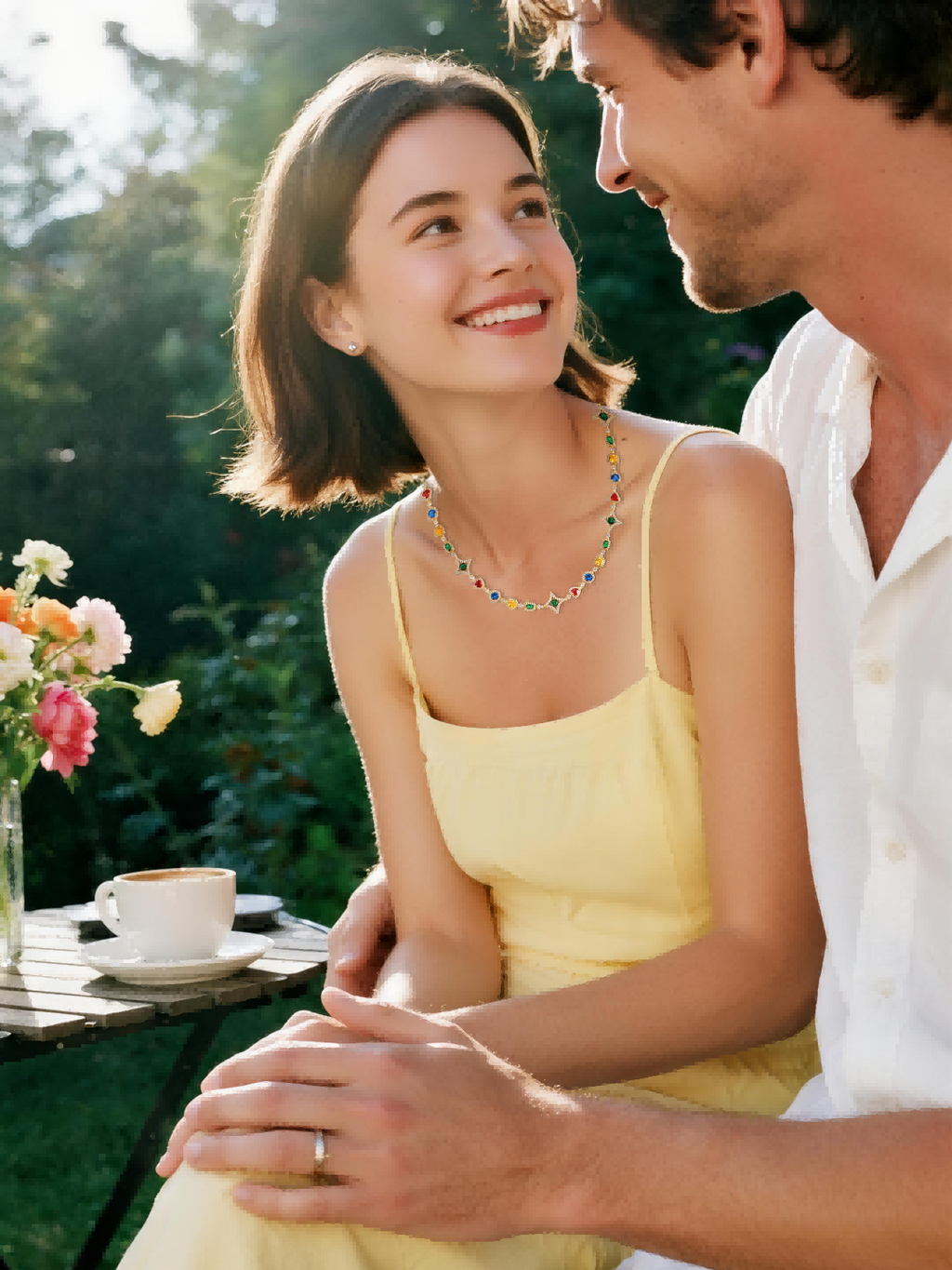 Customer wearing BuzzBloom rainbow gemstone chain necklace, casual couple outdoor lifestyle, young audience