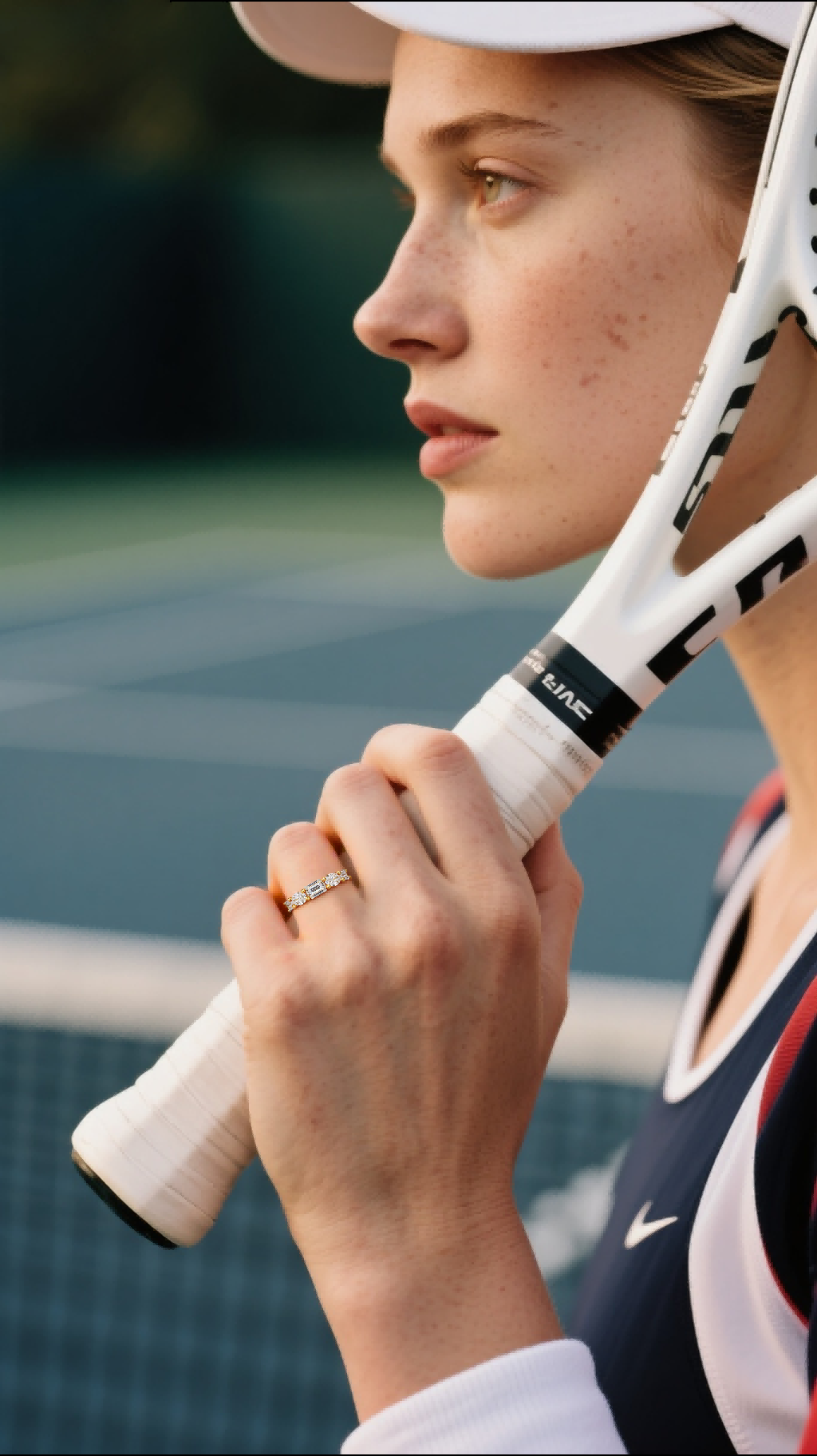 Customer wearing BuzzBloom oval moissanite three-stone engagement ring while holding tennis racket, stylish active woman