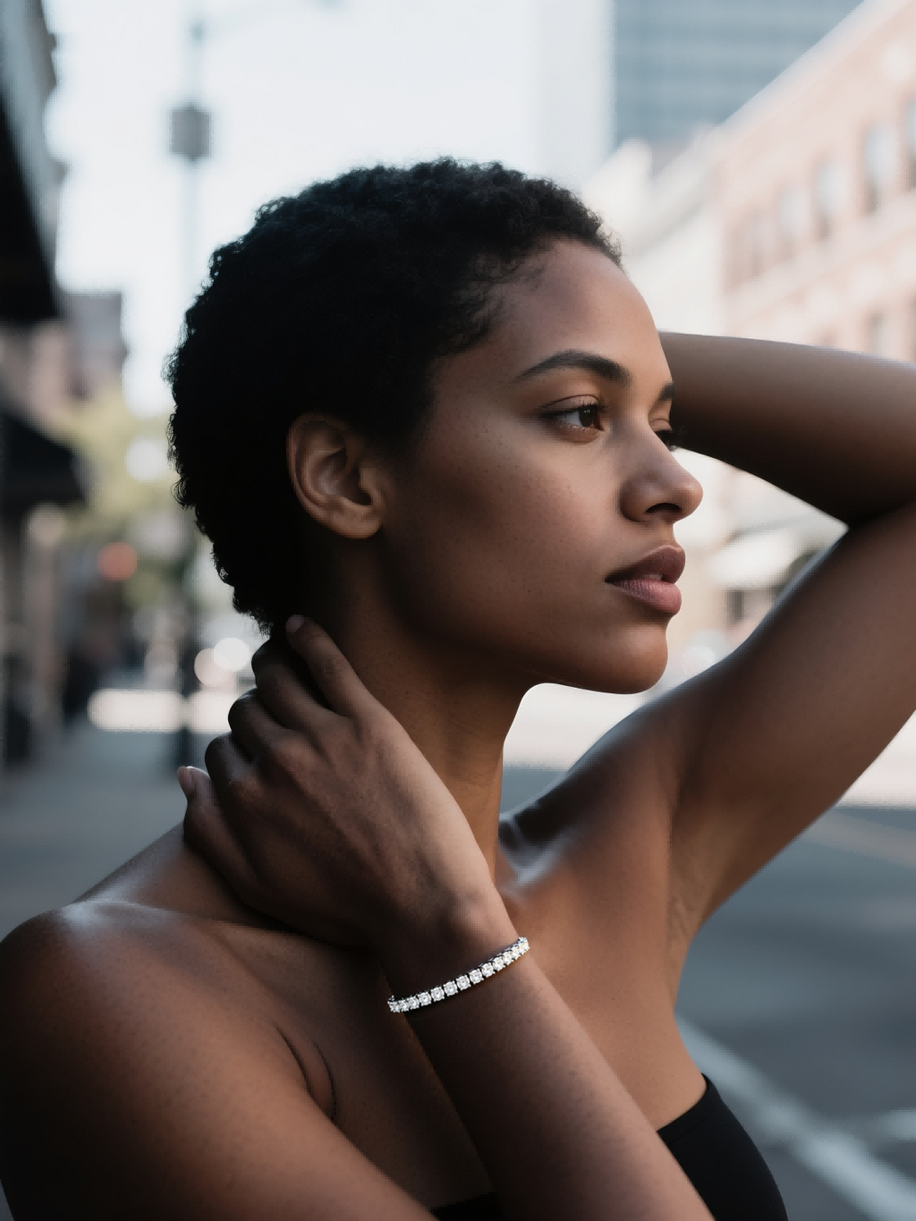 Customer wearing buzzbloom radiant rhythm gold tennis bracelet in street portrait, elegant woman
