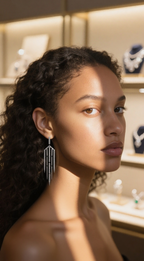 Customer wearing long fringe silver earrings, side profile in luxury jewelry store, fashion-forward woman