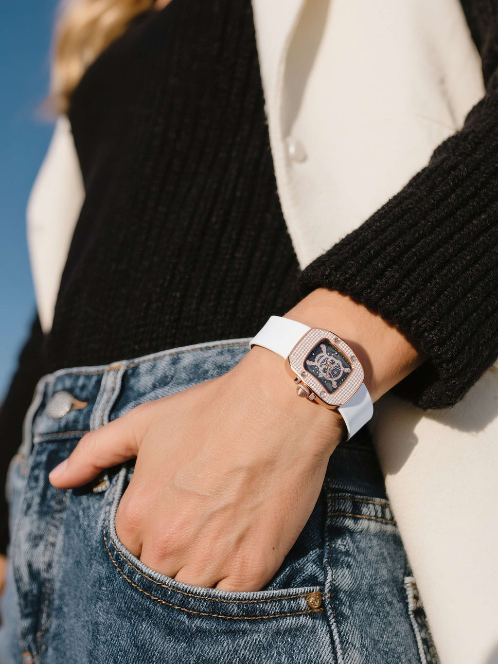 Customer wearing BuzzBloom Women’s Diamond Skull Watch with casual jeans in street style, young women