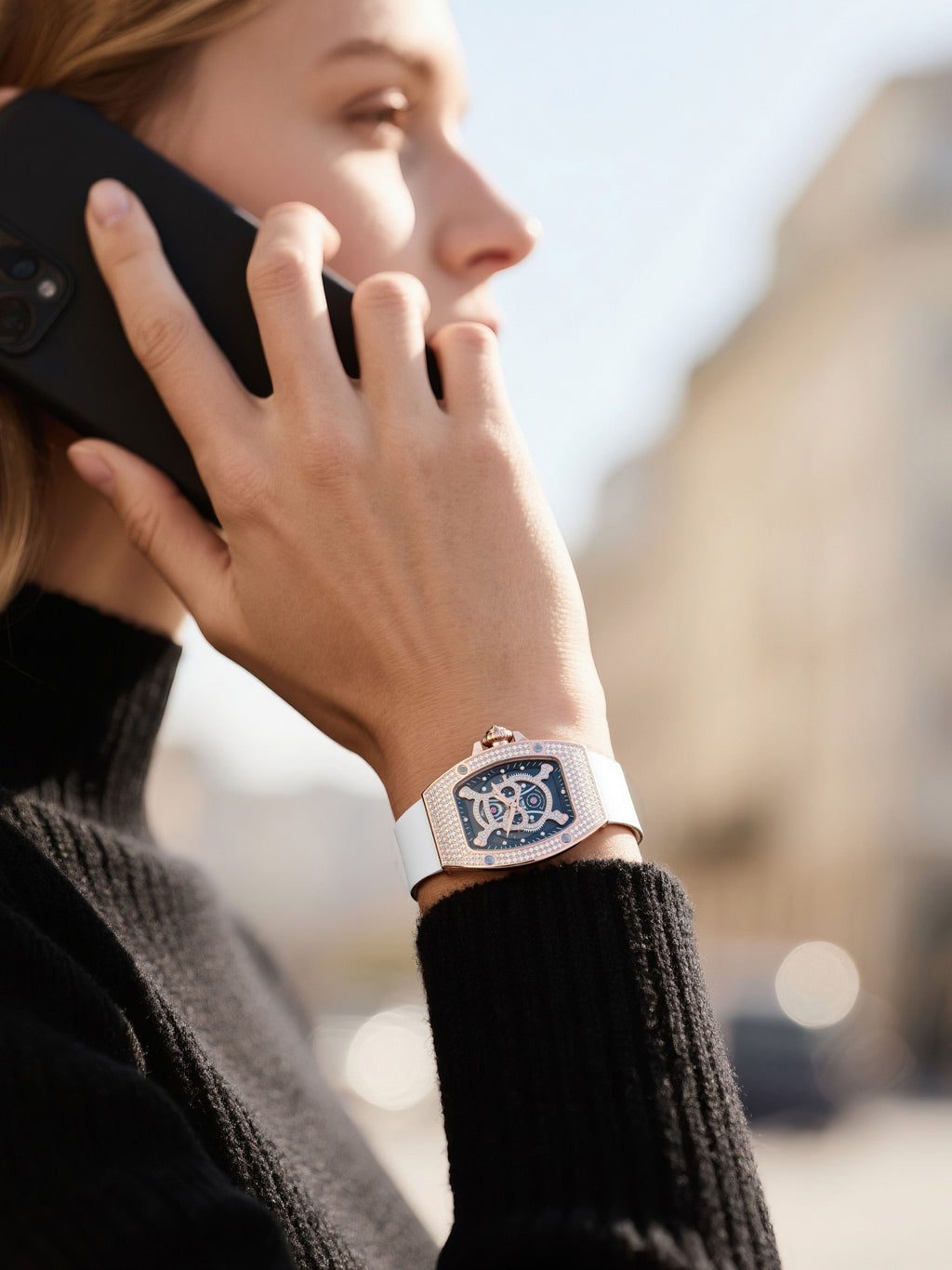 Customer wearing BuzzBloom Skull Diamond Watch with white strap in lifestyle close-up, women’s fashion