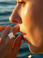 Customer showcasing BuzzBloom 14K Gold Snowflake Diamond Ring, outdoor lifestyle woman