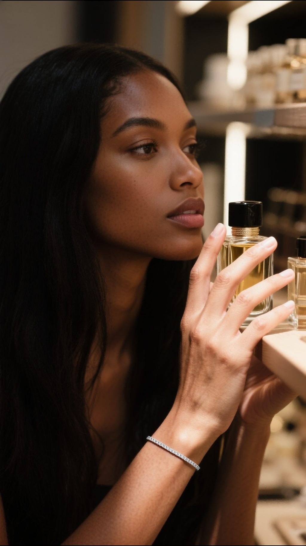 Customer wearing BuzzBloom moissanite tennis bracelet while reaching for perfume bottles, women’s fine jewelry lifestyle scene.