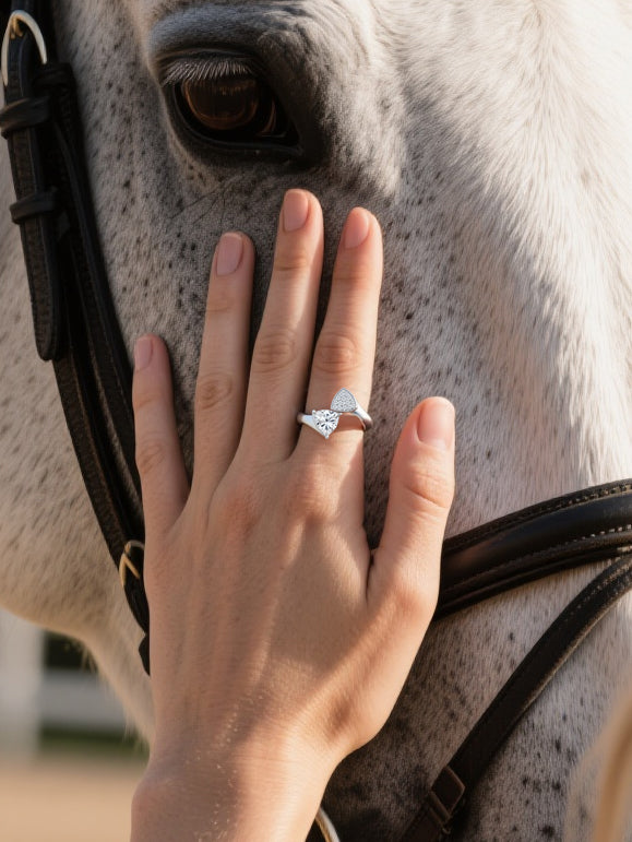 Customer using BuzzBloom trillion cut solitaire bypass ring in lifestyle horse scene, elegant women’s jewelry