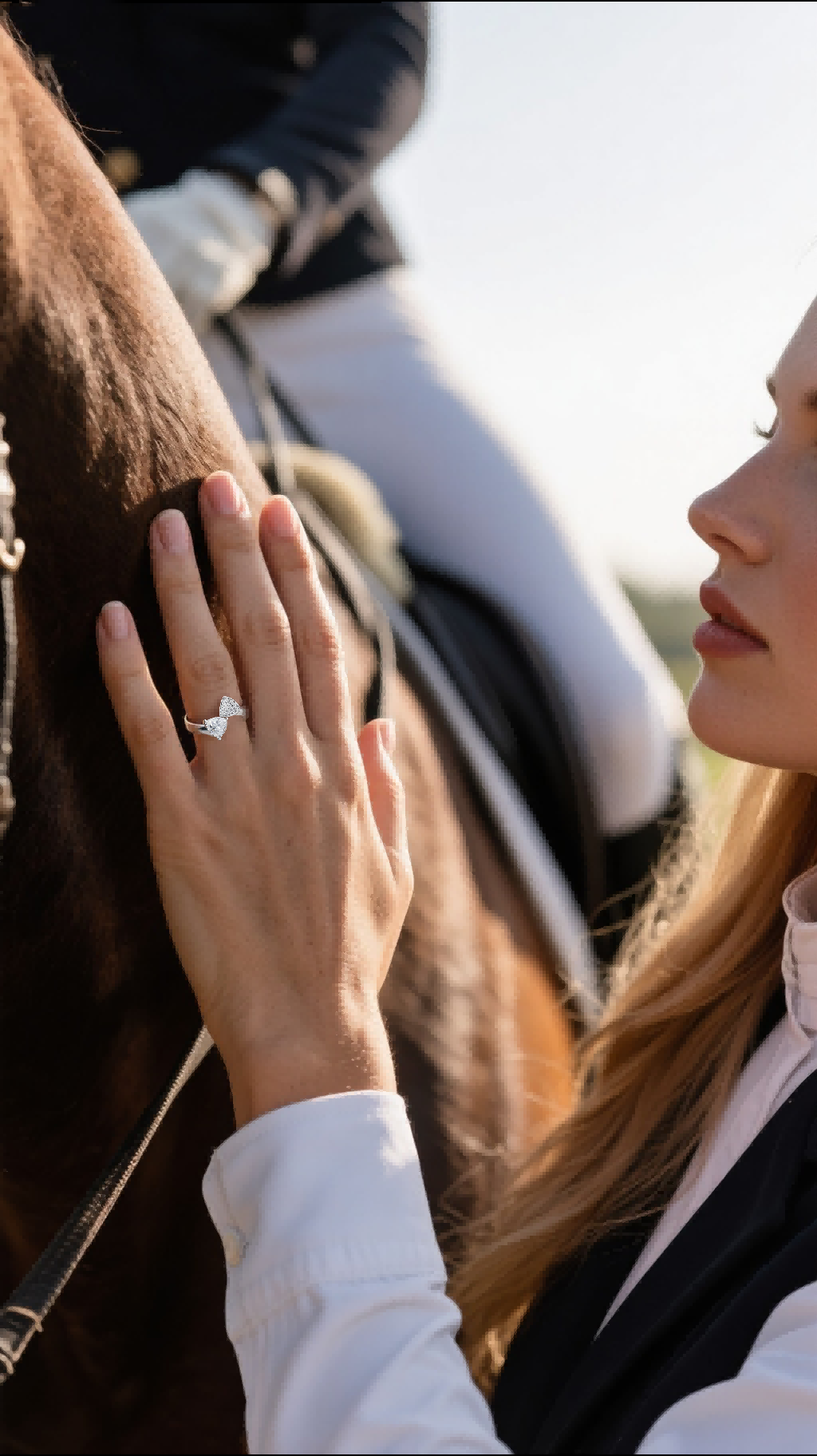 Customer showing BuzzBloom modern trillion wrap-around ring close-up with horse, fashionable women’s jewelry
