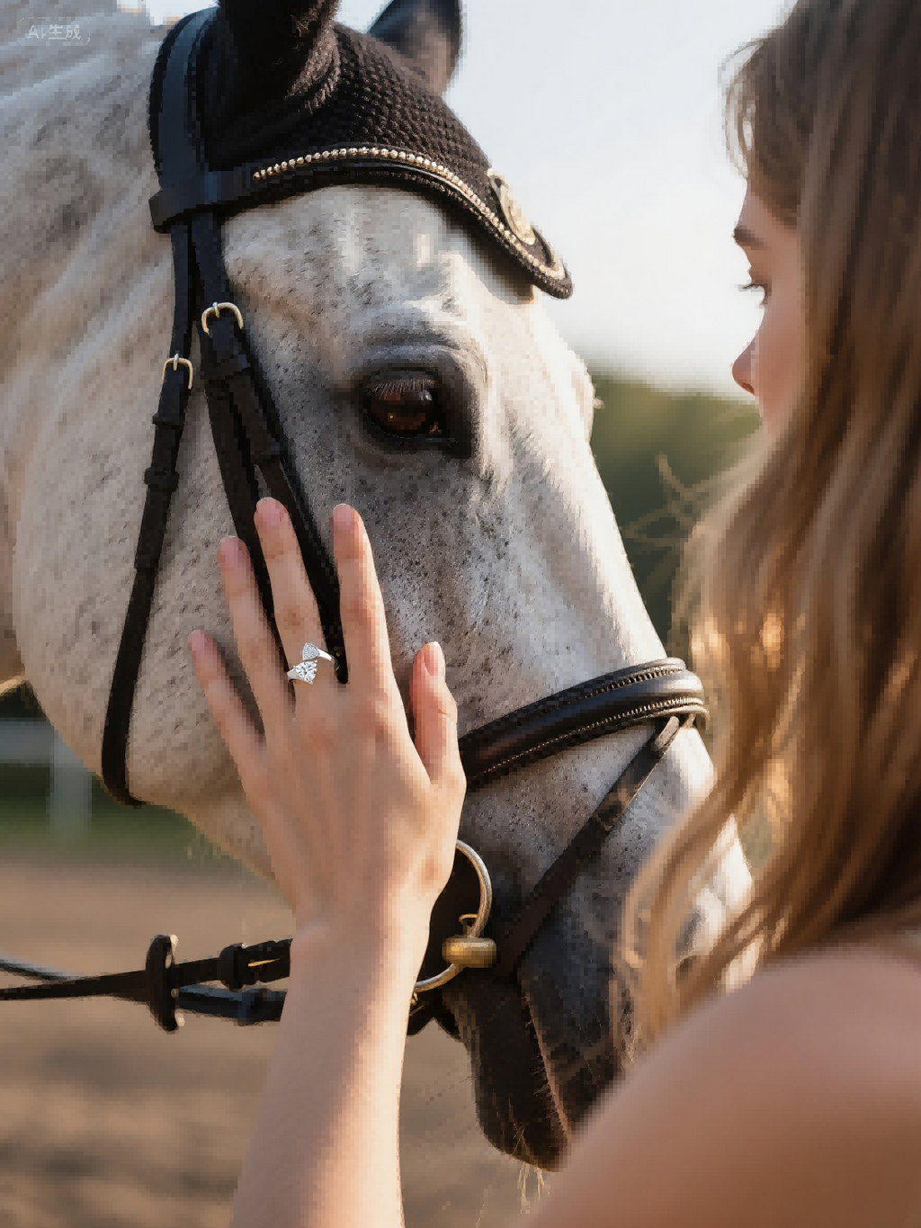 Customer wearing BuzzBloom statement bypass trillion ring in outdoor horse-riding scene, luxury women’s jewelry