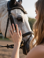 Customer wearing BuzzBloom statement bypass trillion ring in outdoor horse-riding scene, luxury women’s jewelry