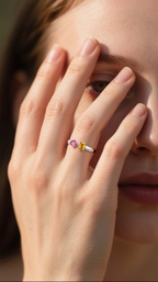 Customer wearing BuzzBloom colorful gemstone cocktail ring at outdoor dinner, for women