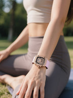 Customer showing BuzzBloom luxury crystal quartz watch in rose gold with close-up wrist shot, elegant ladies wristwatch