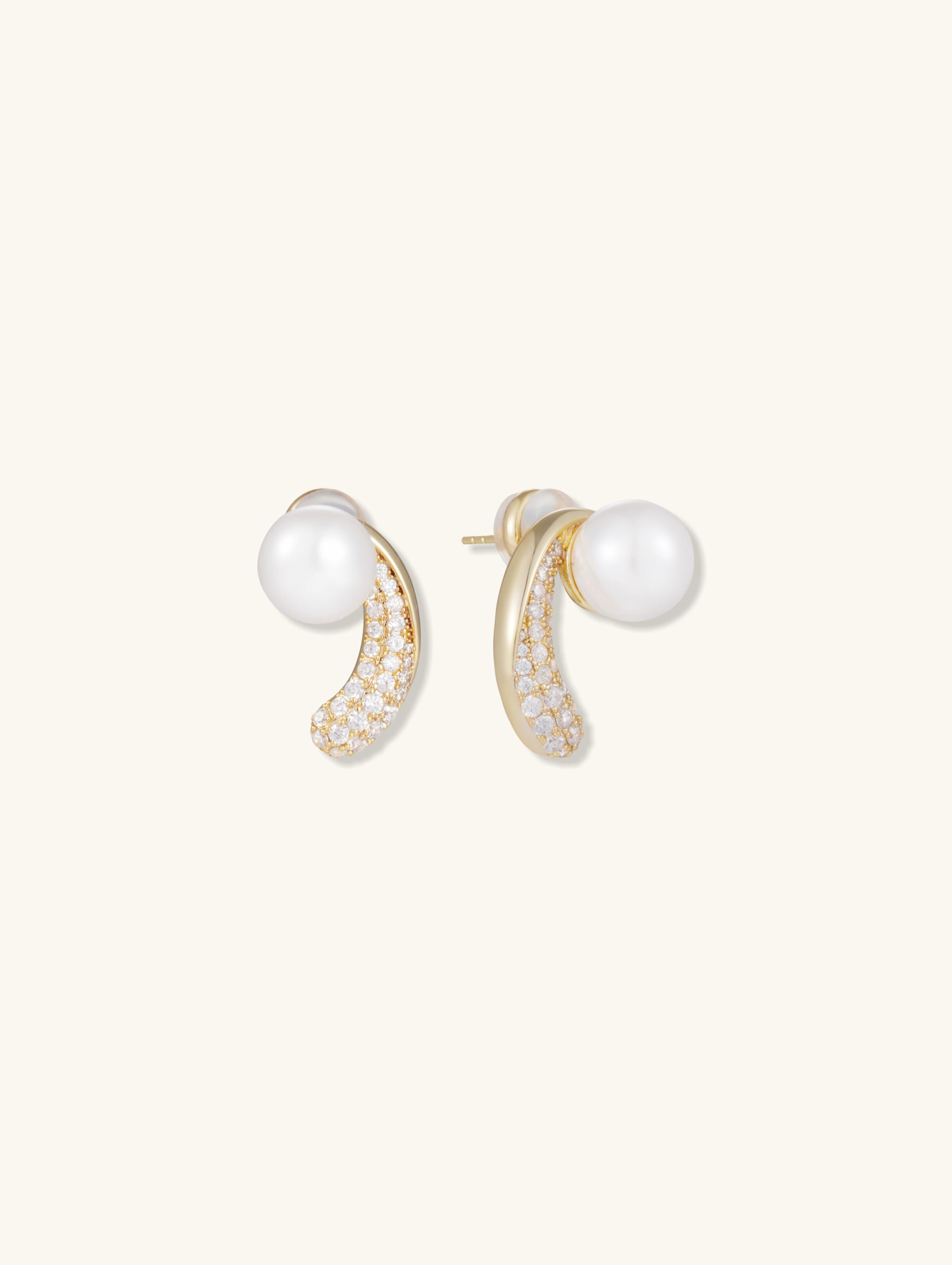 Own Your Bloom single Australian white shell pearl 14K diamond stud earring, side angle on white, Chicago USA.