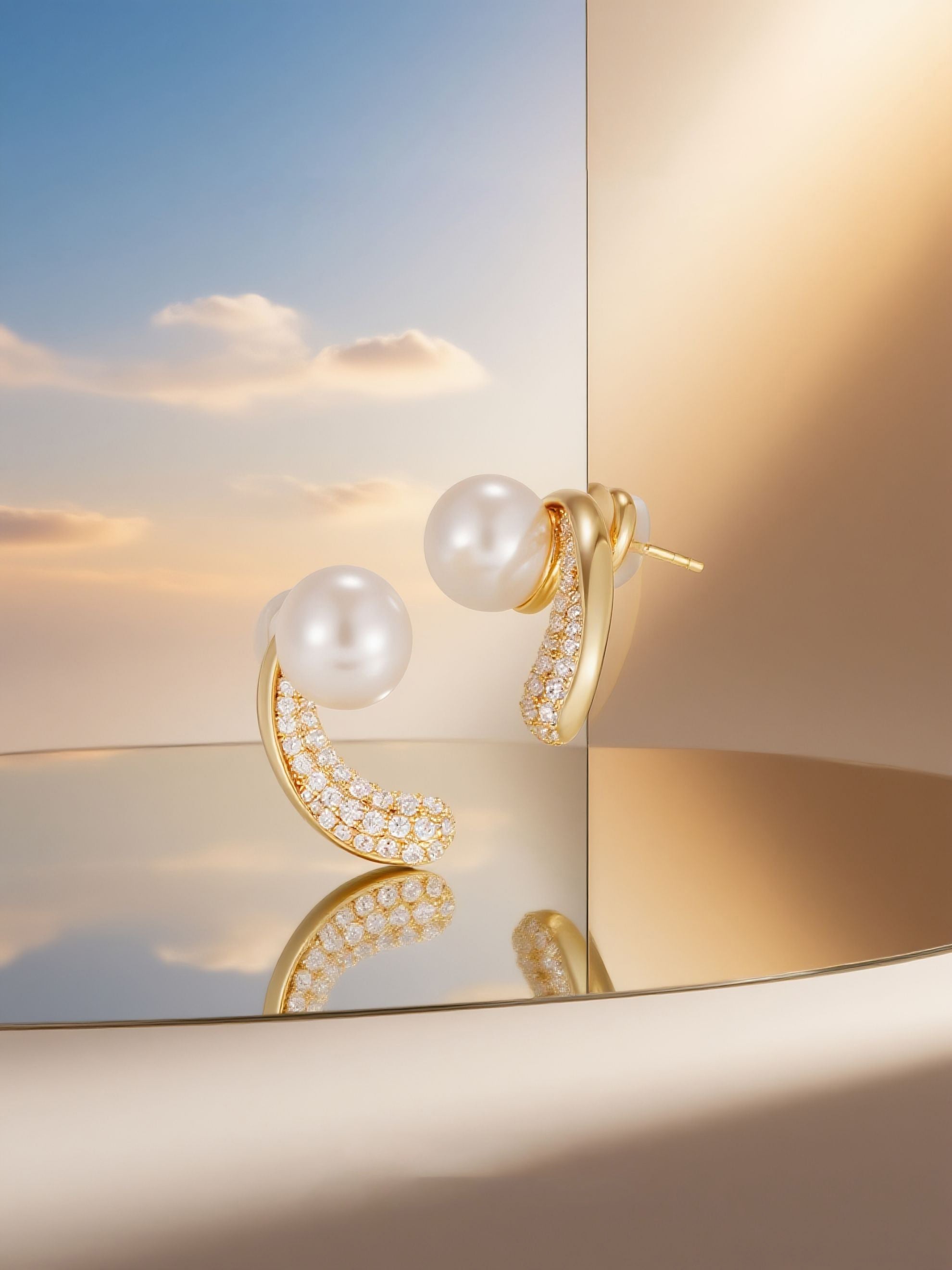 Own Your Bloom Australian white shell pearl 14K diamond stud earrings in sunlit scene, lifestyle photo, Los Angeles USA.