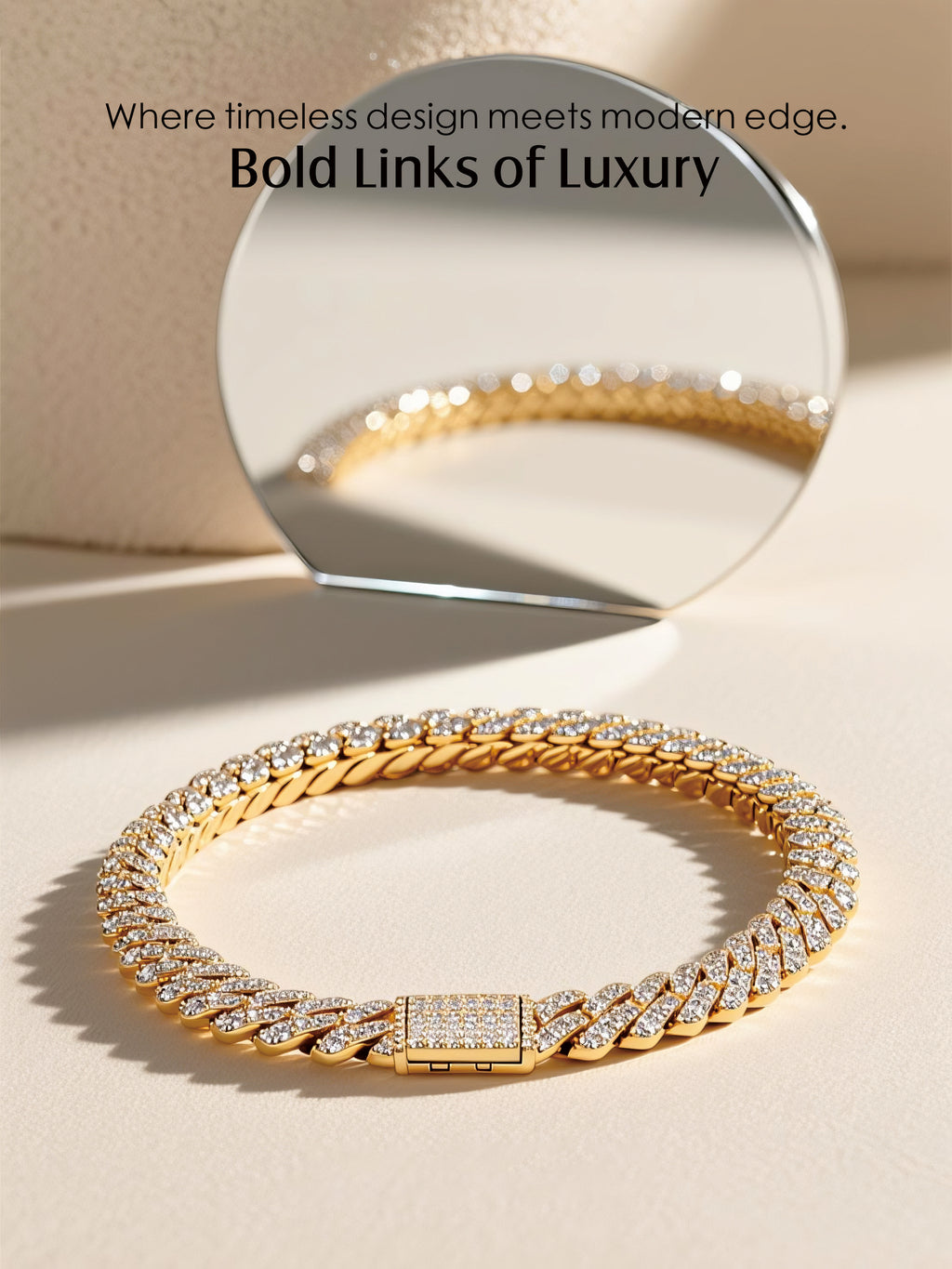 Own Your Bloom 20mm 14K diamond Cuban chain displayed with mirror reflection under warm studio light, timeless luxury jewelry, Los Angeles.