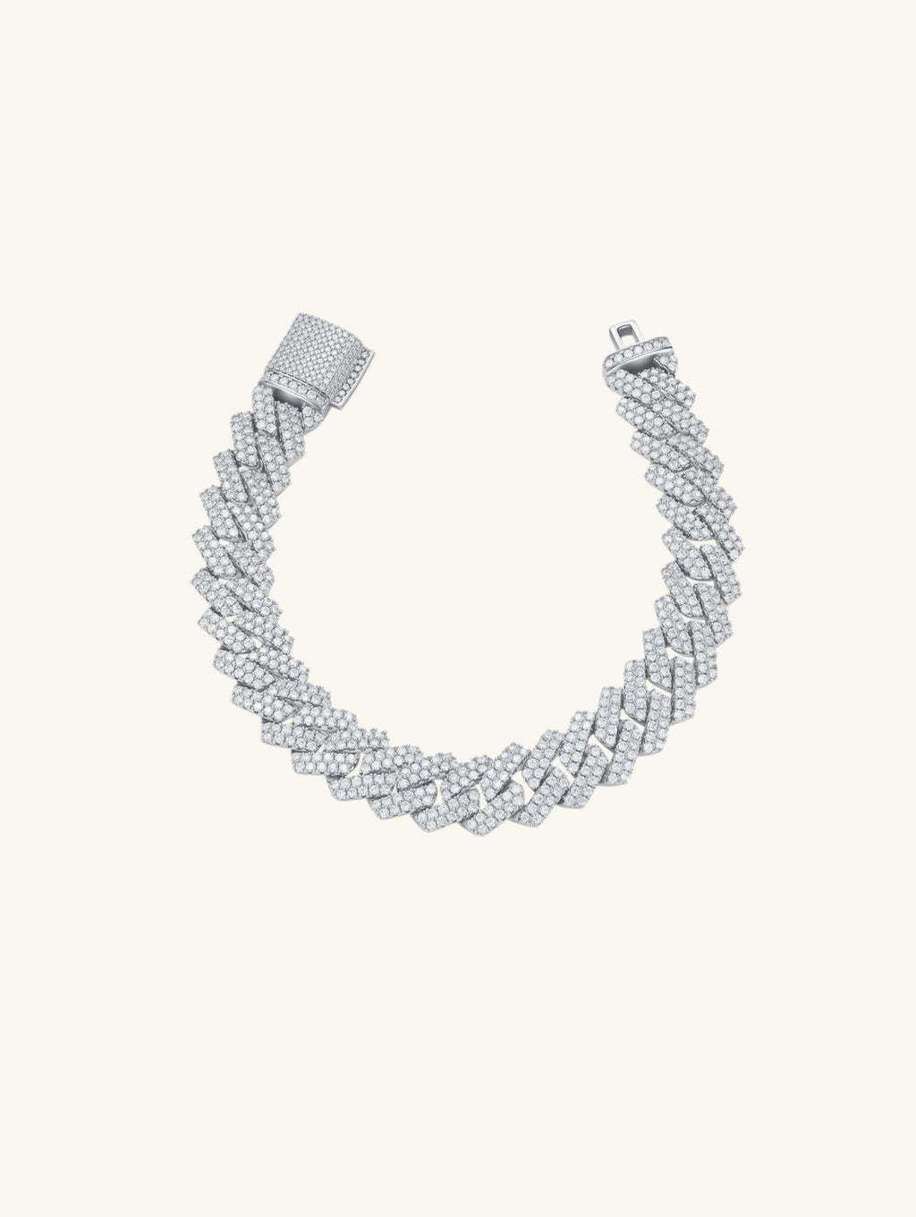 Own Your Bloom 14mm Cuban bracelet in gold and silver diamond pavé versions, premium jewelry craftsmanship, Chicago.