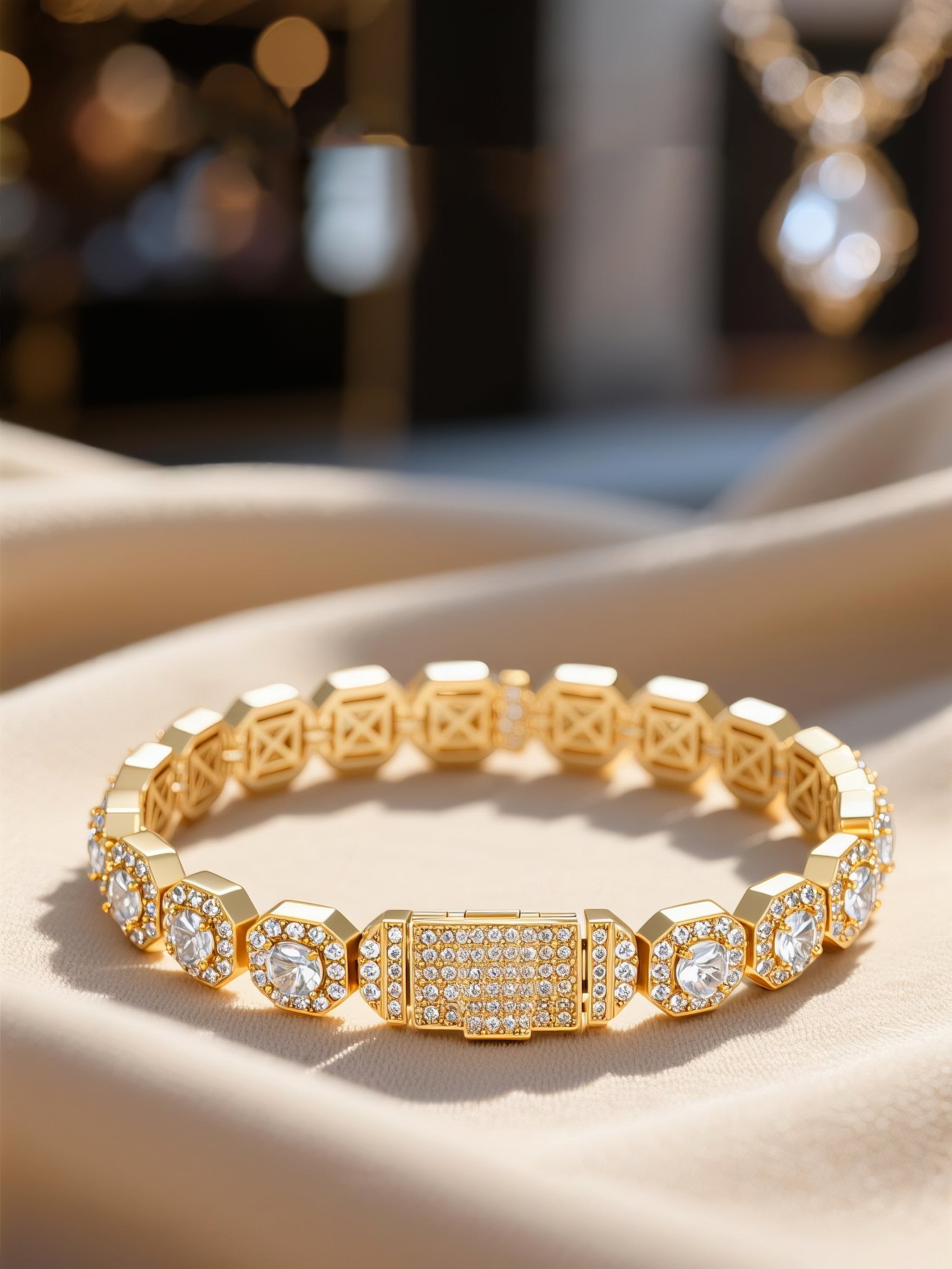 Own Your Bloom yellow gold 14K diamond bracelet shining under sunlight, detailed close-up jewelry aesthetic, Houston.