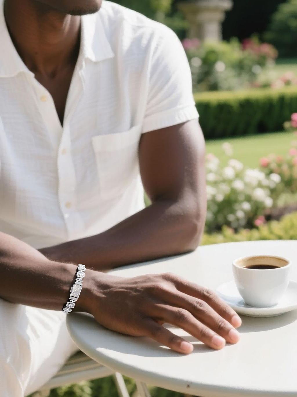 Own Your Bloom luxury 14K gold diamond bracelet on man’s wrist while holding coffee cup, refined masculine jewelry style, Miami.