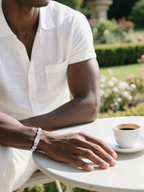Own Your Bloom luxury 14K gold diamond bracelet on man’s wrist while holding coffee cup, refined masculine jewelry style, Miami.