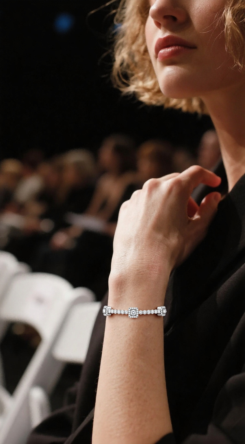 Own Your Bloom 14K diamond tennis bracelet worn by woman on runway, modern fine jewelry elegance, New York.
