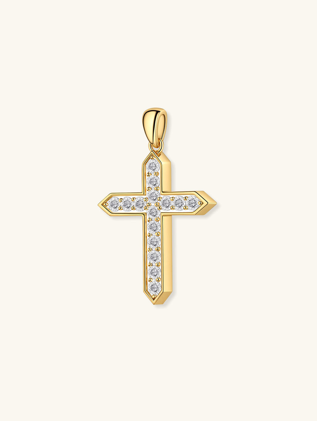 Macro of Own Your Bloom 14K diamond cross charm with bezel-set stones, Miami jewelry detail.