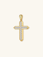 Macro of Own Your Bloom 14K diamond cross charm with bezel-set stones, Miami jewelry detail.