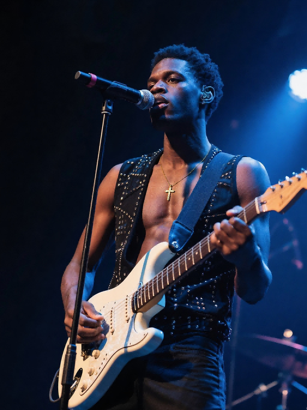 Man wearing Own Your Bloom 14K diamond cross necklace performing on stage, Brooklyn New York.