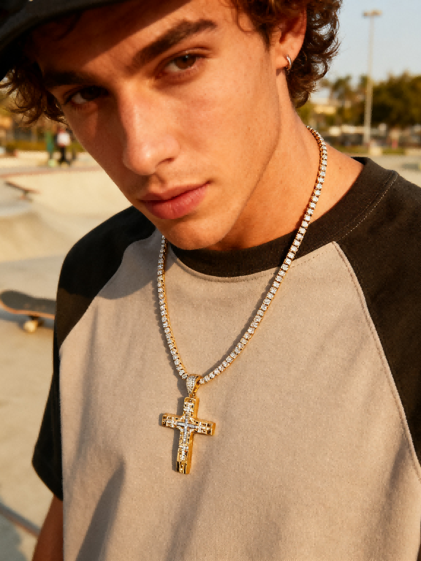 Hero shot of Own Your Bloom diamond cross pendant on golden backdrop, Houston luxury jewelry.