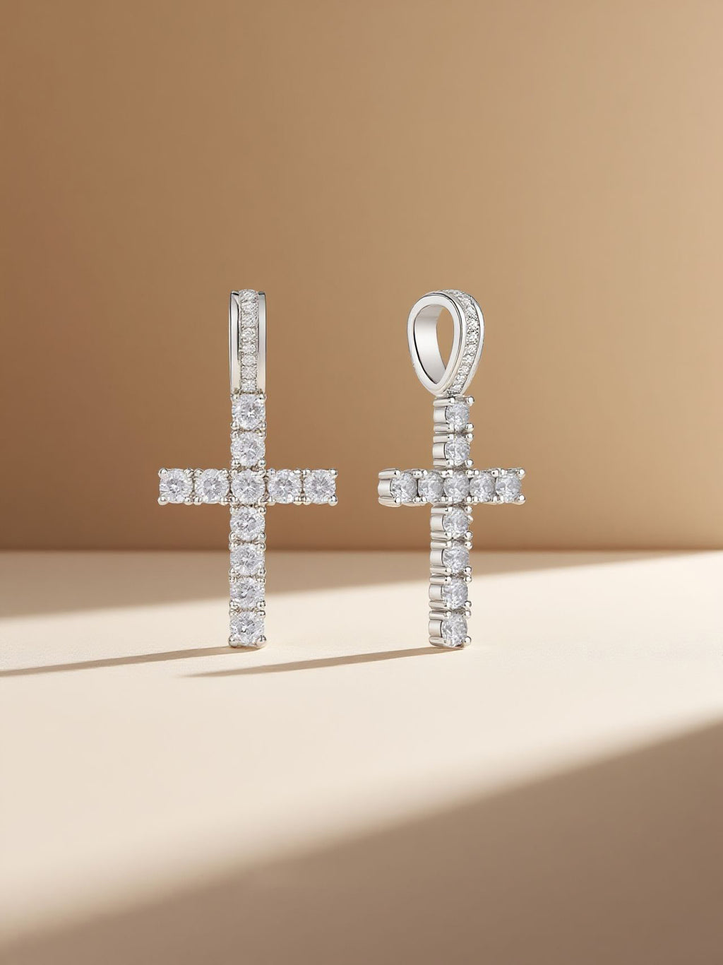 Own Your Bloom 14K diamond cross pendant duo on soft folded backdrop with morning light, Miami.