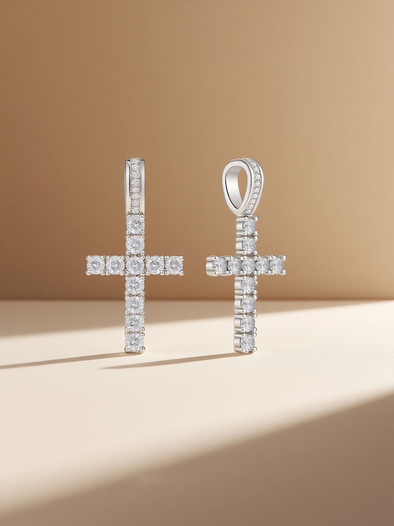 Own Your Bloom 14K diamond cross pendant duo on soft folded backdrop with morning light, Miami.