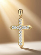Own Your Bloom diamond cross pendant glowing under studio light on neutral set, Los Angeles style.