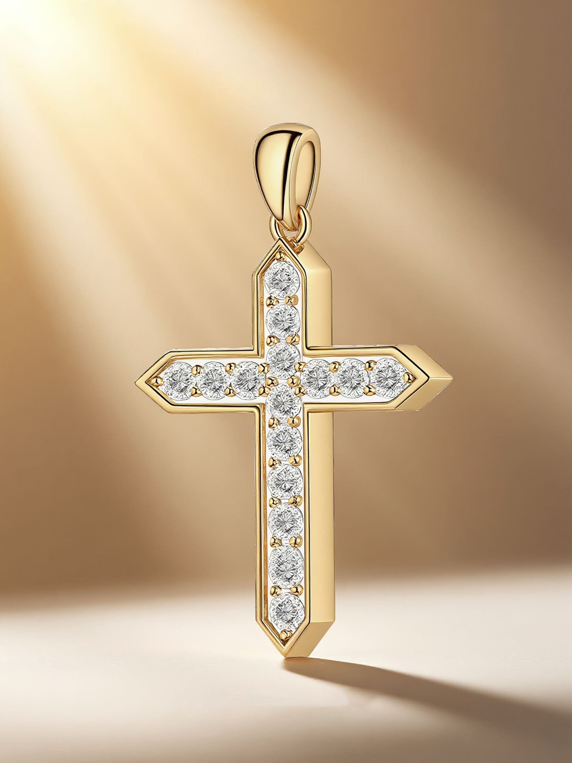 Own Your Bloom diamond cross pendant glowing under studio light on neutral set, Los Angeles style.