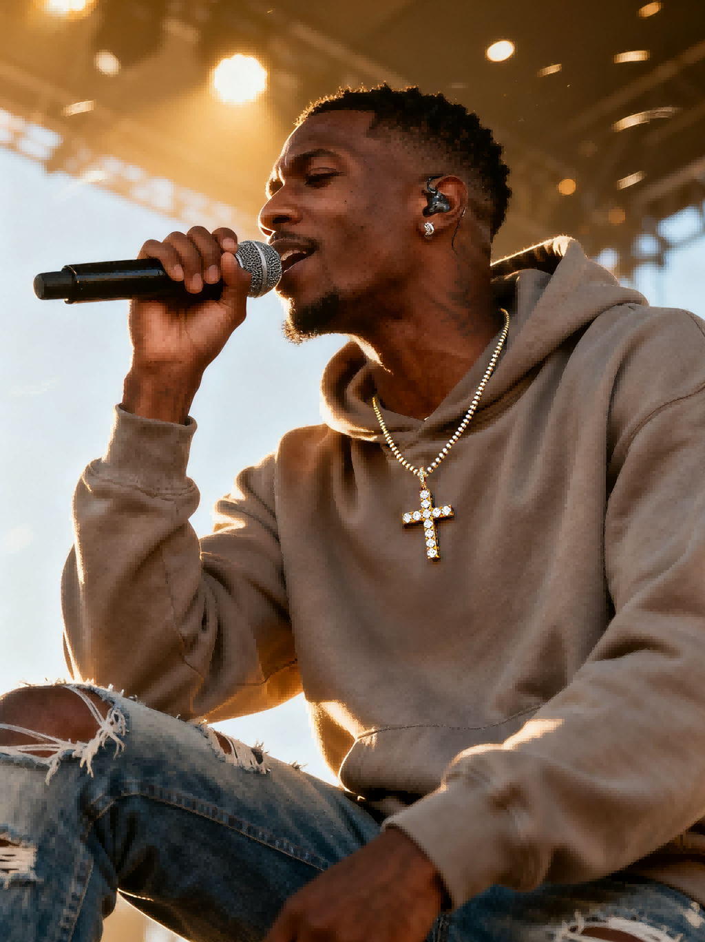 Man in hoodie on stage wearing the Own Your Bloom 14K diamond cross pendant, concert lighting, Houston.
