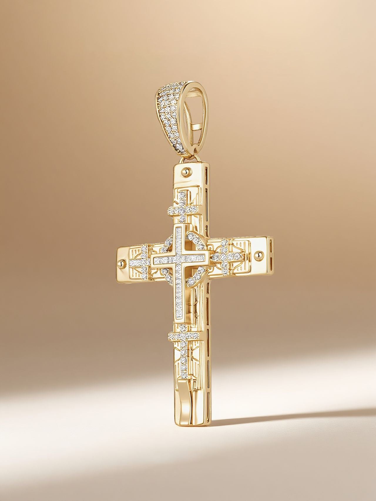 Flat lay of Own Your Bloom 14K gold diamond cross pendant with sparkle accents, San Francisco.