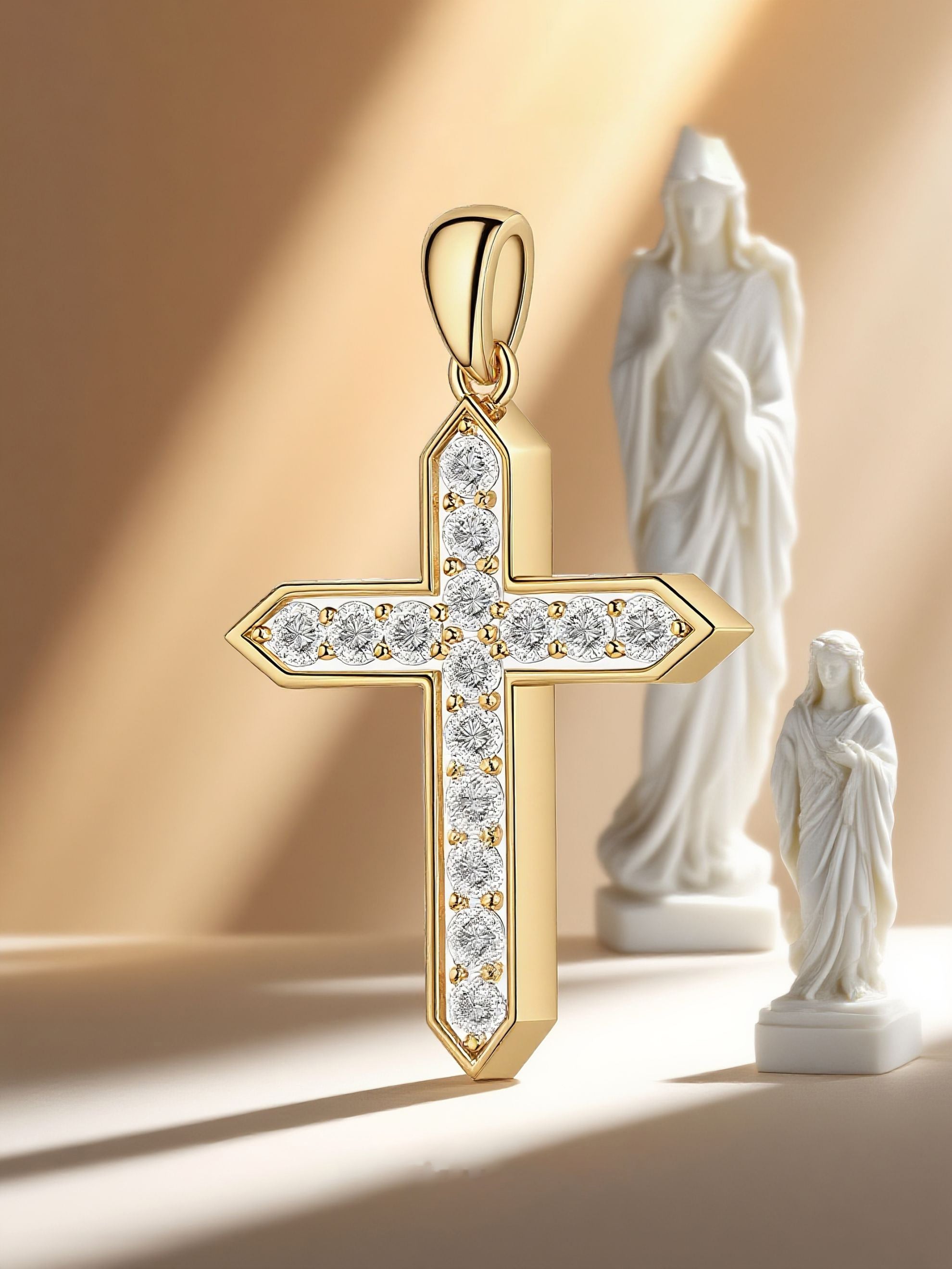 Sunlit Own Your Bloom 14K diamond cross pendant with warm background, San Francisco showcase.