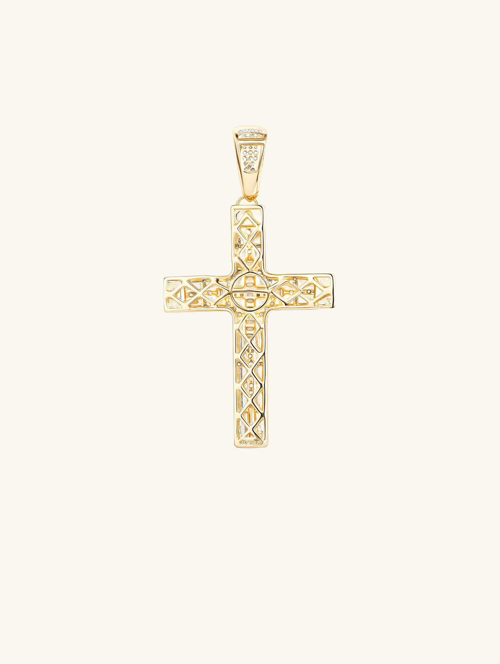 Own Your Bloom diamond cross pendant back detail in 14K yellow gold on white background, Los Angeles.