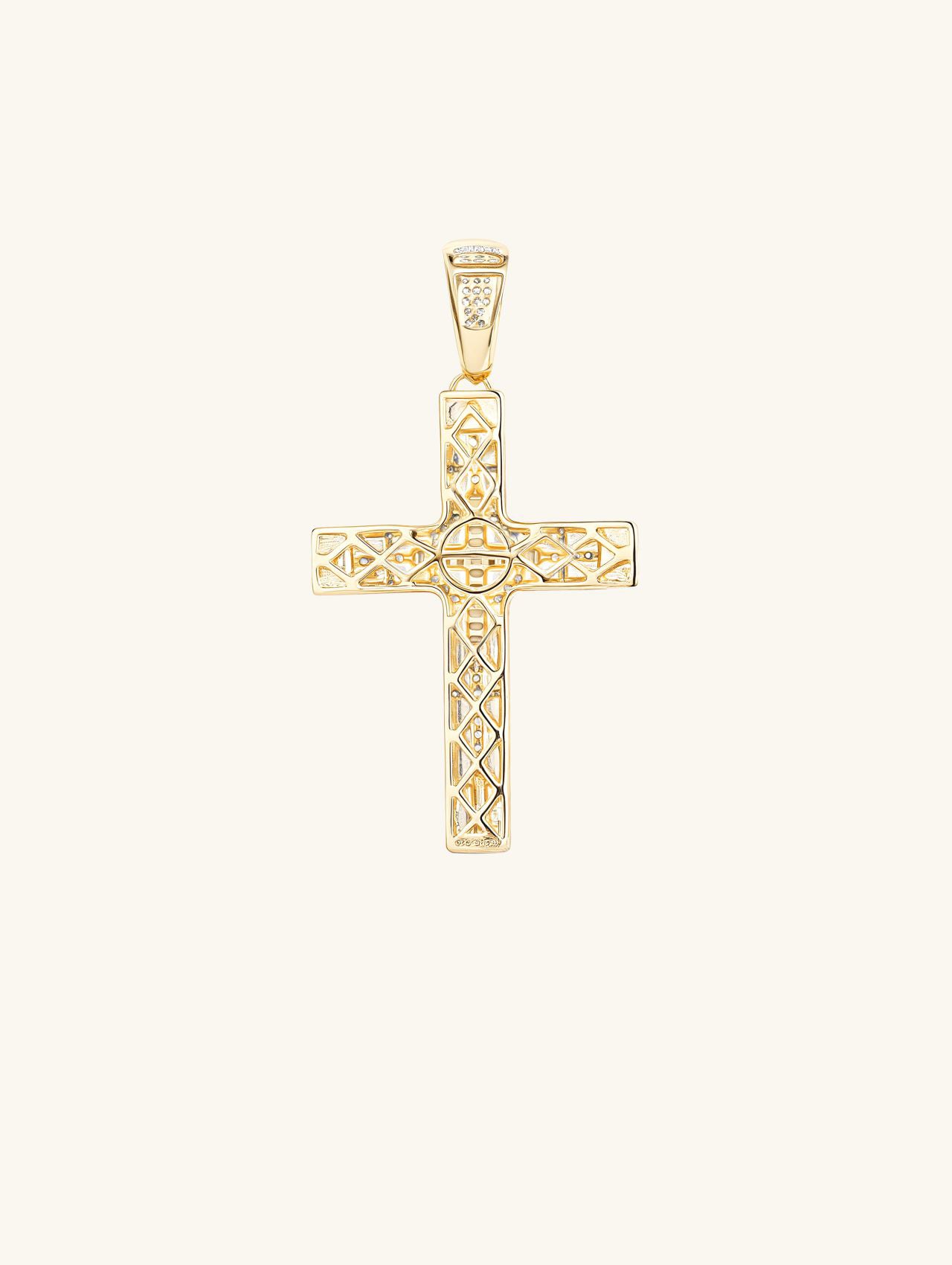 Own Your Bloom diamond cross pendant back detail in 14K yellow gold on white background, Los Angeles.