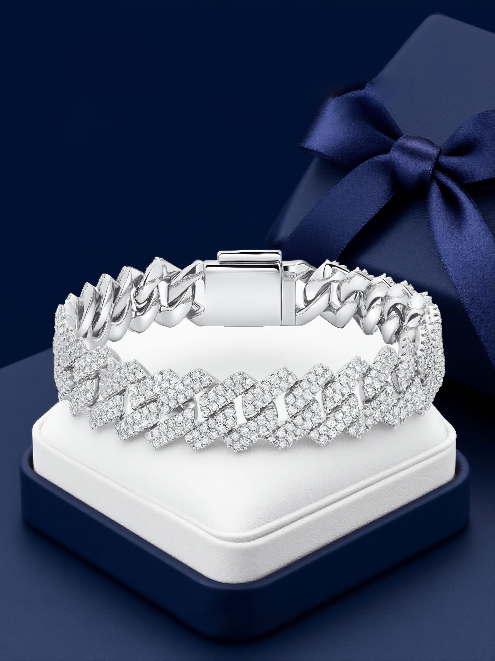 Own Your Bloom 14K diamond Cuban bracelet luxury display on navy background, elegant men’s fine jewelry, Miami.
