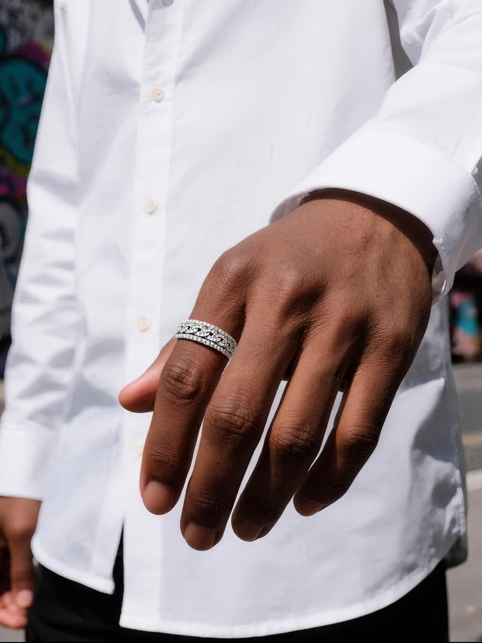 man profile with Own Your Bloom 14K diamond Cuban ring, elegant pose – Chicago jewelry lovers